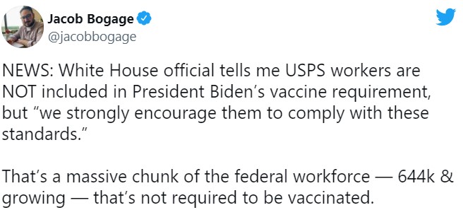 Washington Post reporter: USPS workers not included in Biden’s vaccine mandate for federal workers