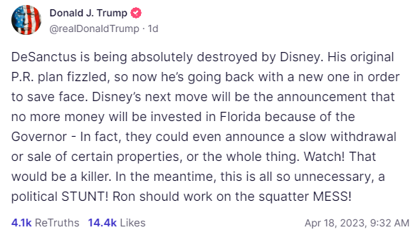 Trump defending Disney is proof he’s never been the right person to be President